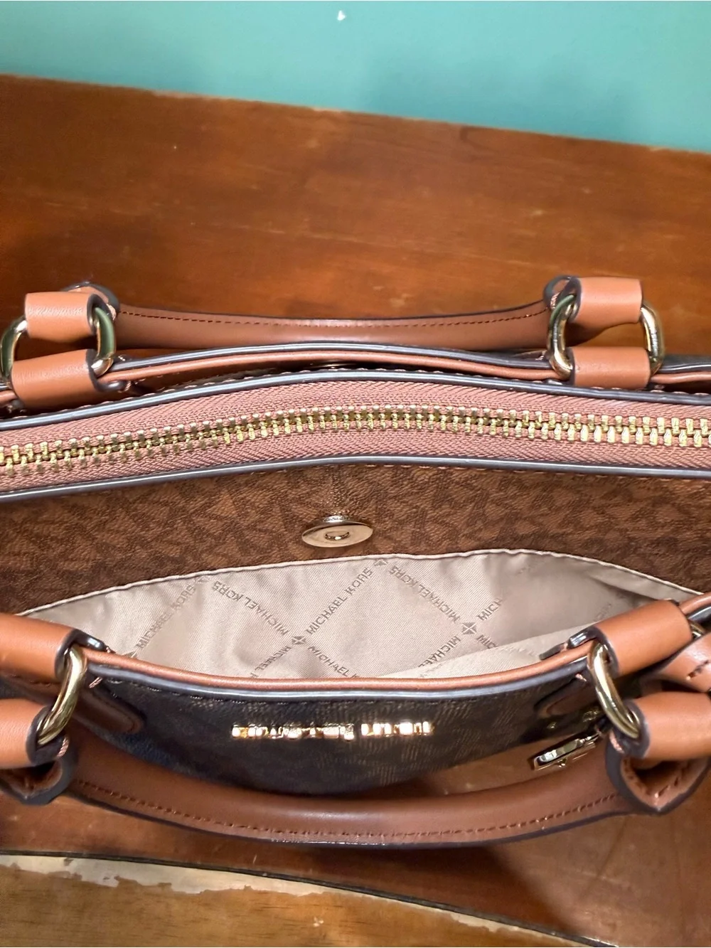 Michael Kors Brown and Tan Signature MK Tote with Gold Accent